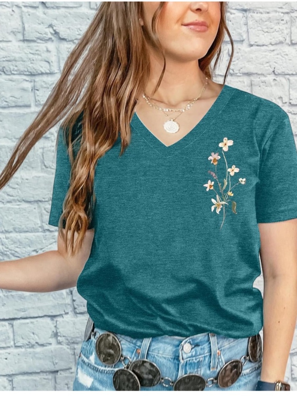Teal V-Neck Top with Floral Print